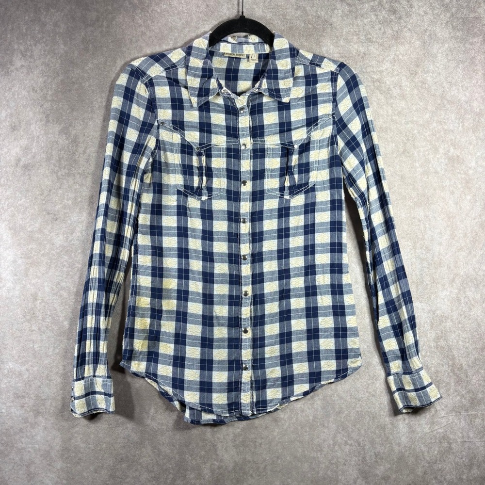 Holding Horses Anthropologie Button Down Shirt Women 2 Blue Plaid Snap Western